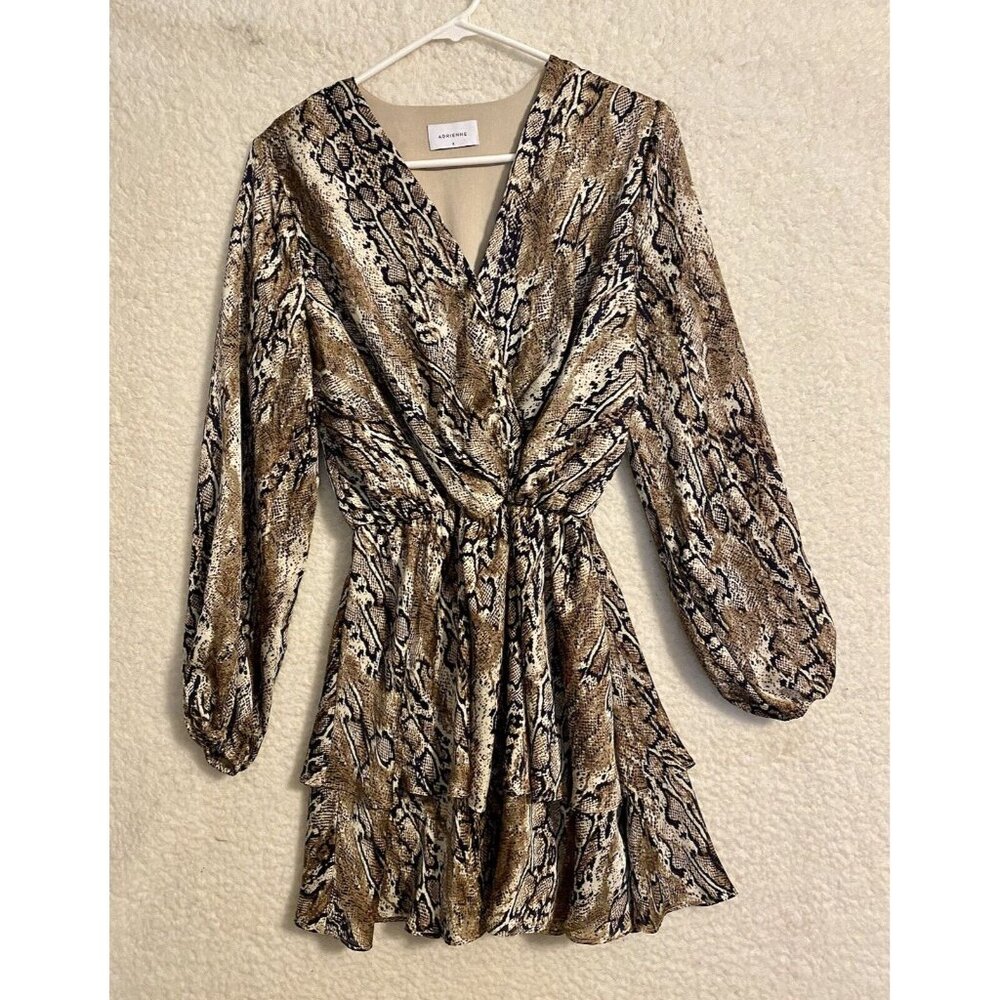 Adrienne Snake Skin Print Dress Balloon Sleeves Black Brown Animal Print Medium